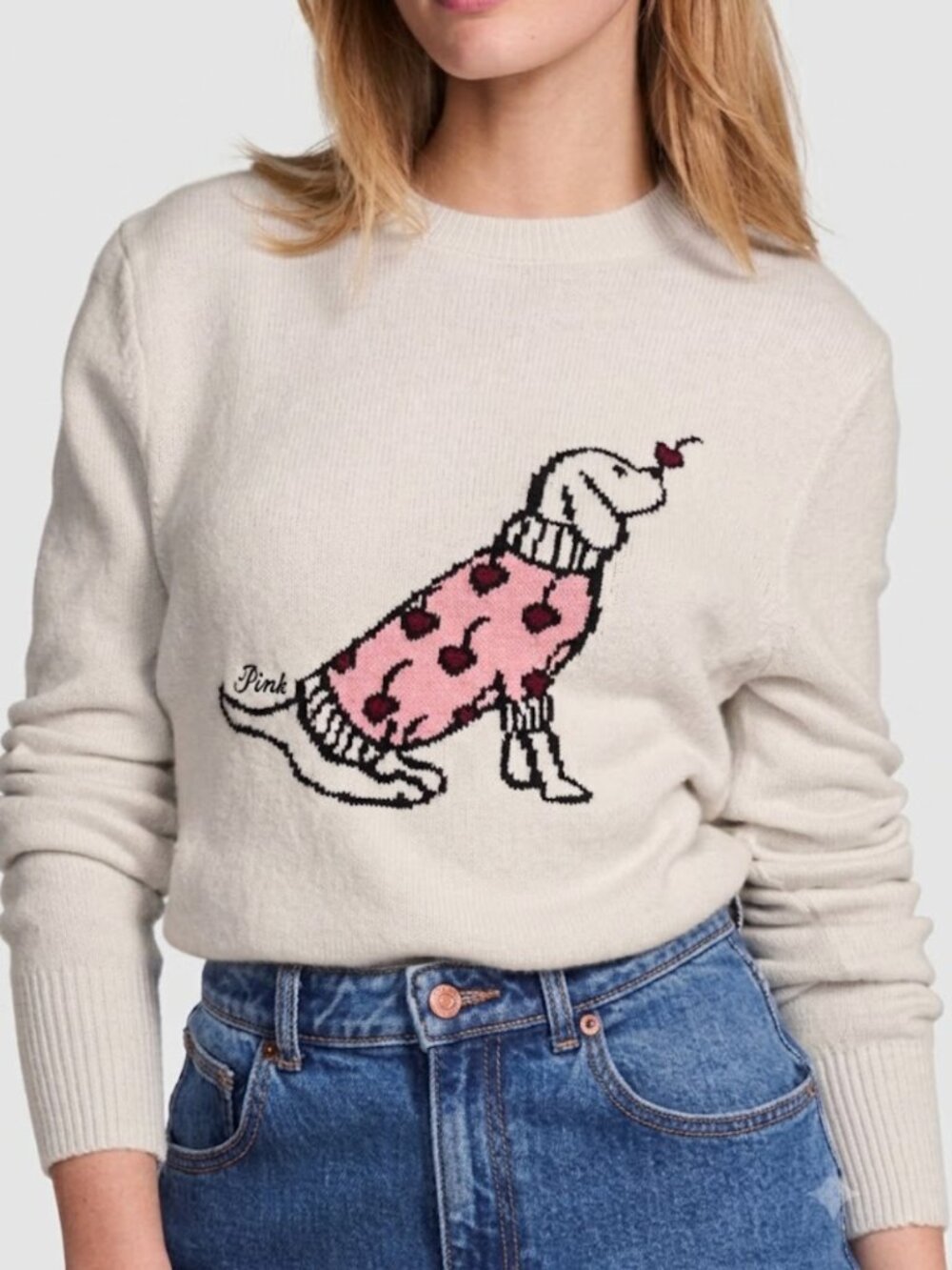 PINK Victoria's Secret Cherry Dog Collegiate Knit Crew Neck Sweater, S NWT